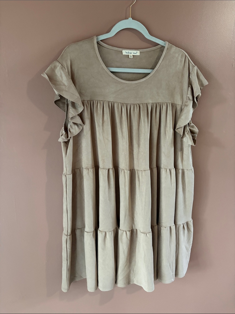 indigo soul Taupe Tiered Flutter Sleeve Dress